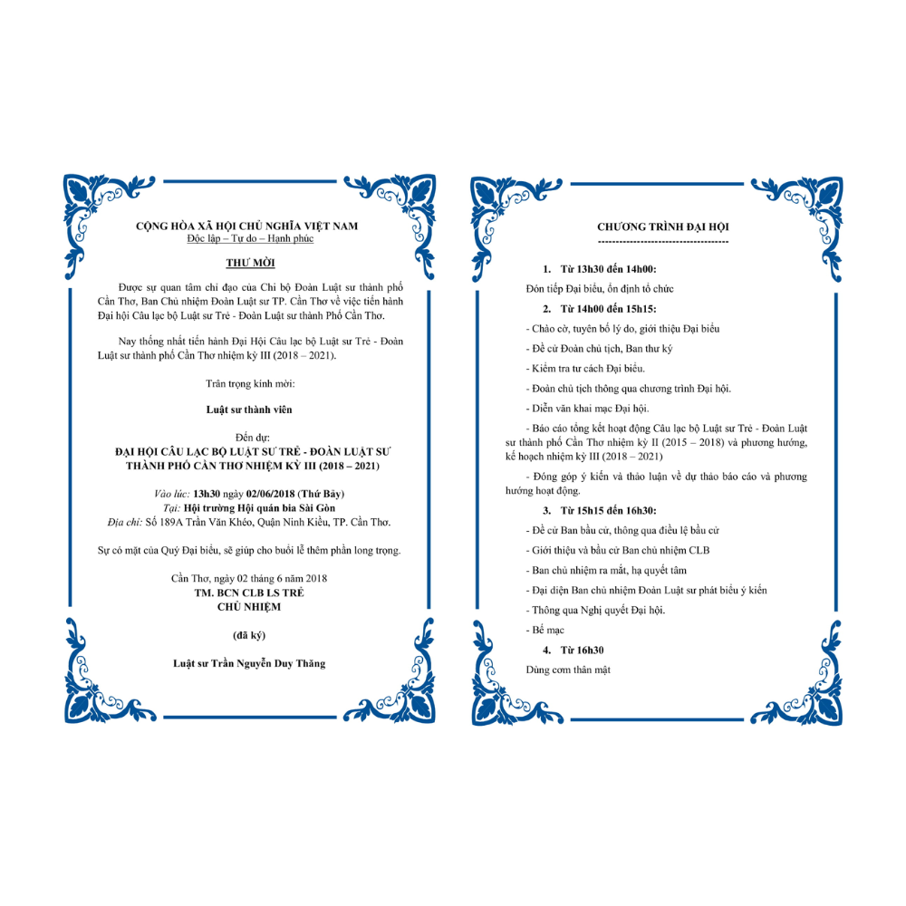 Thư Mời Đại Hội Câu Lạc Bộ Luật Sư Trẻ - Đoàn Luật Sư Thành Phố Cần Thơ Nhiệm Kỳ II (2018-2021)