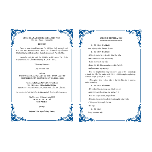Thư Mời Đại Hội Câu Lạc Bộ Luật Sư Trẻ - Đoàn Luật Sư Thành Phố Cần Thơ Nhiệm Kỳ II (2018-2021)